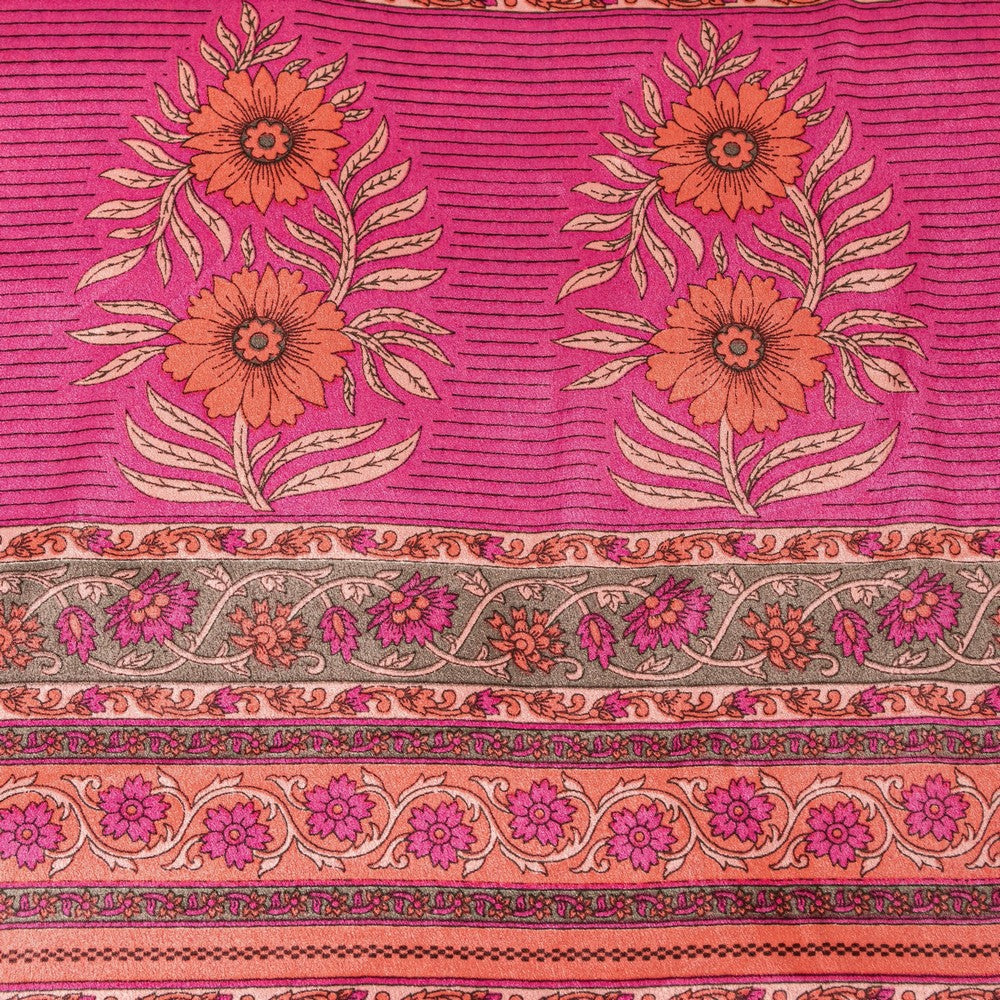 Sanskriti Vintage Sarees Craft Supplies Pink Floral Print 5+YD Moss Crepe Sari