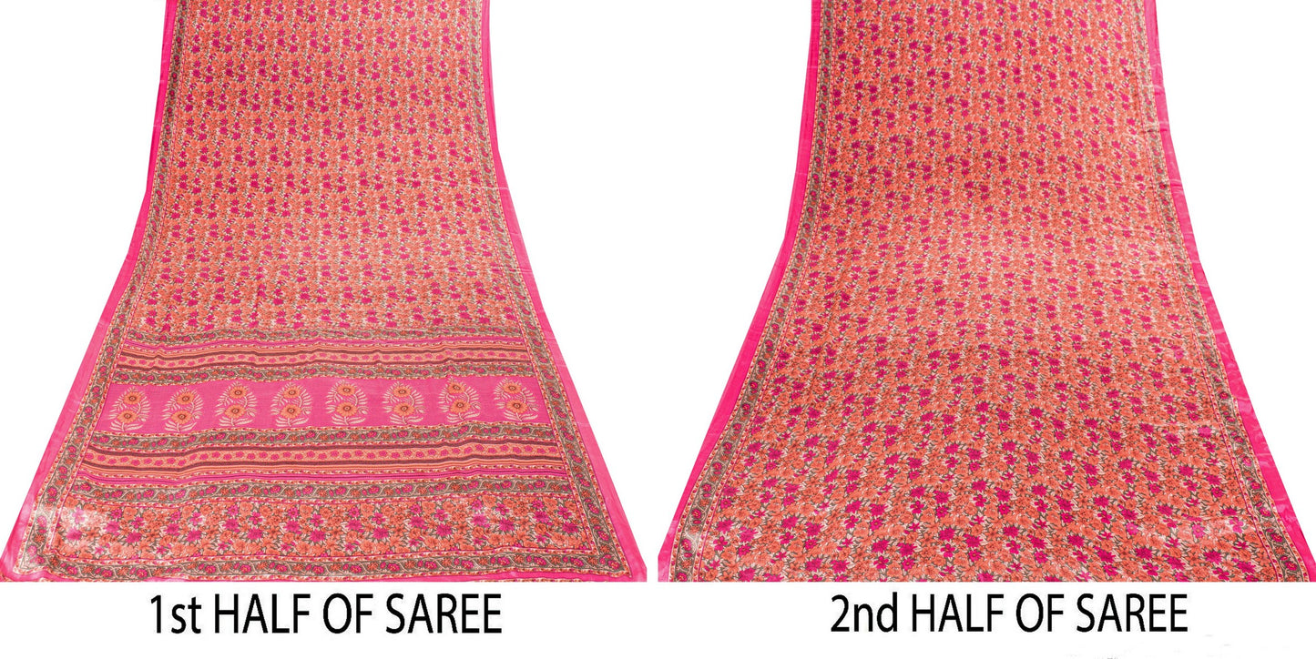Sanskriti Vintage Sarees Craft Supplies Pink Floral Print 5+YD Moss Crepe Sari