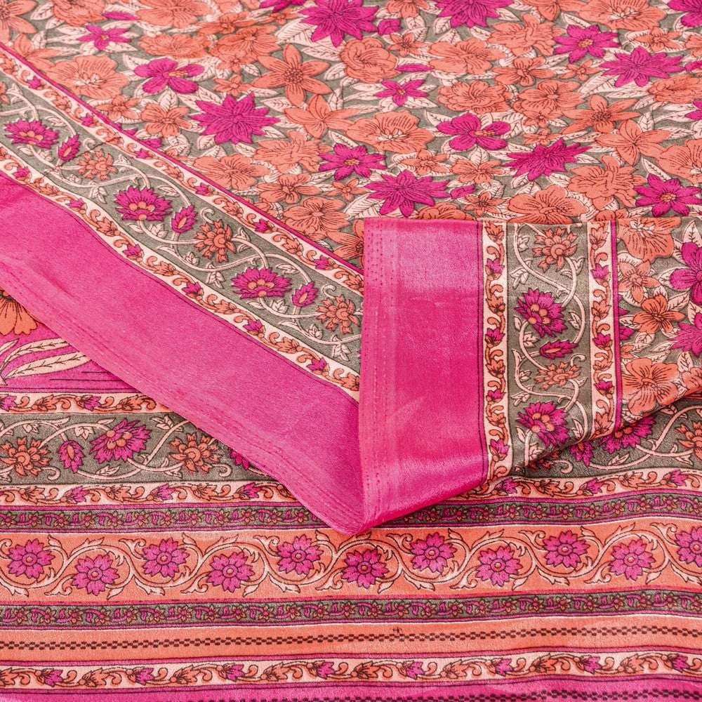 Sanskriti Vintage Sarees Craft Supplies Pink Floral Print 5+YD Moss Crepe Sari