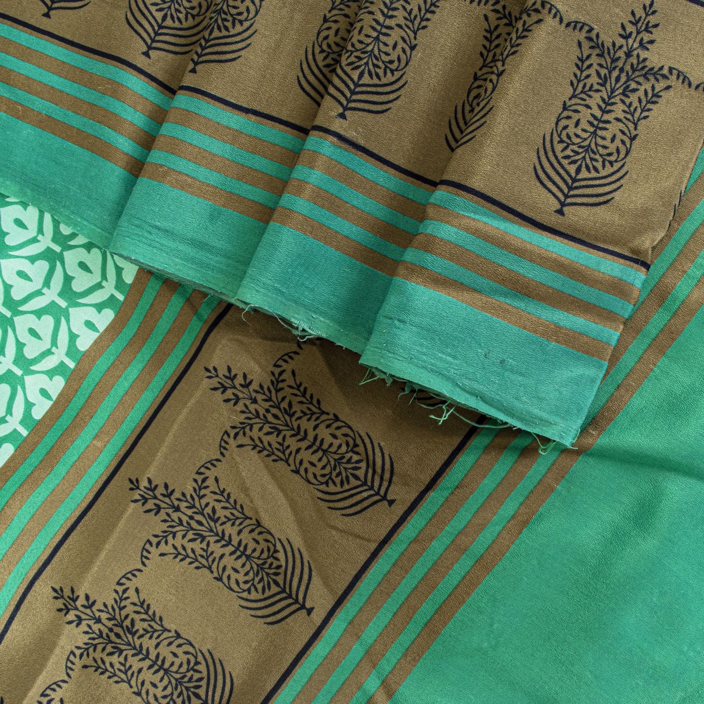 Sanskriti Vintage Saree Green Moss Crepe Floral Block Printed Sari 5.5YD Fabric