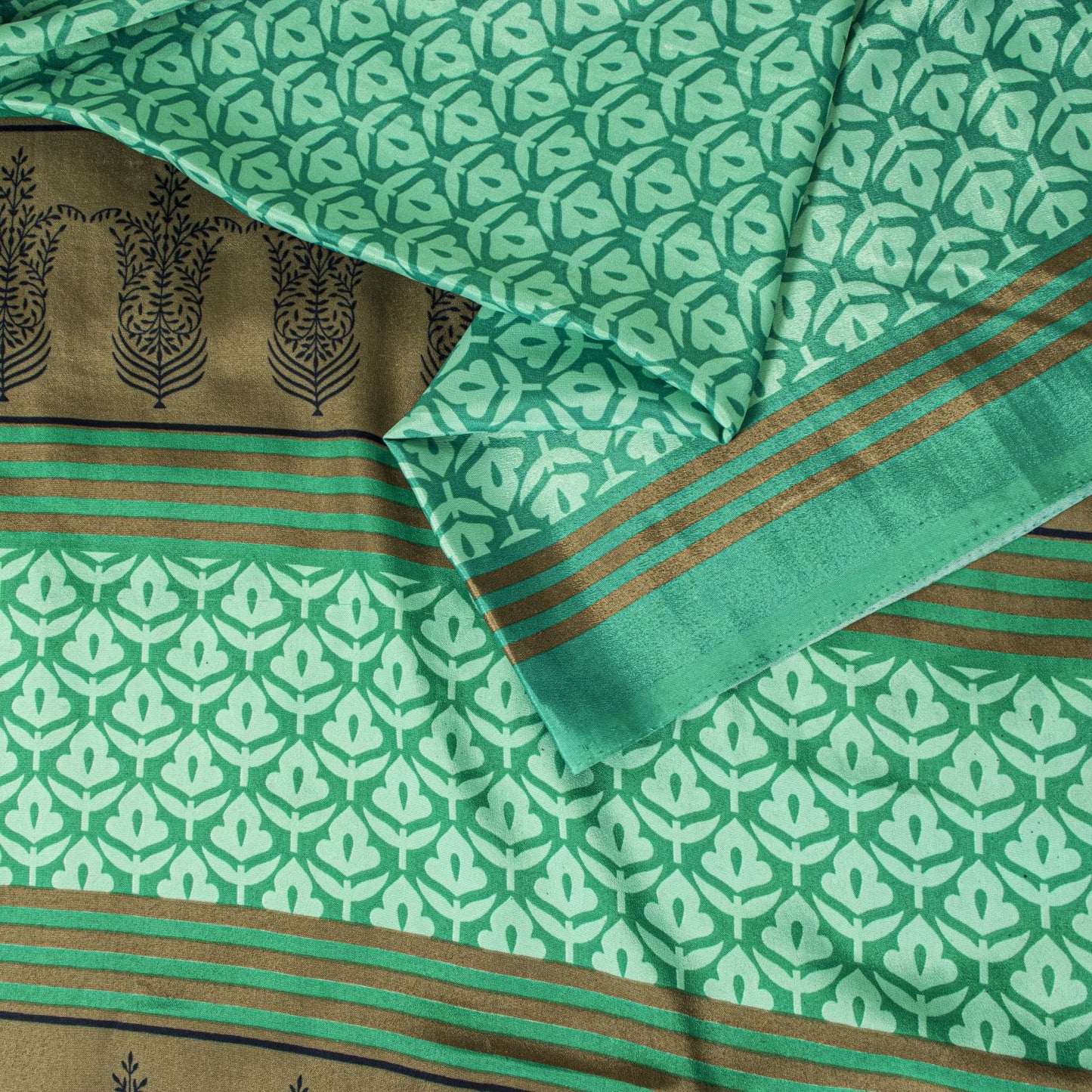 Sanskriti Vintage Saree Green Moss Crepe Floral Block Printed Sari 5.5YD Fabric