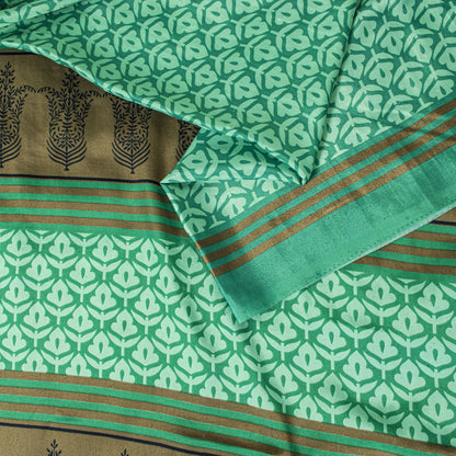 Sanskriti Vintage Saree Green Moss Crepe Floral Block Printed Sari 5.5YD Fabric