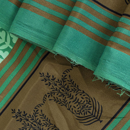 Sanskriti Vintage Saree Green Moss Crepe Floral Block Printed Sari 5.5YD Fabric