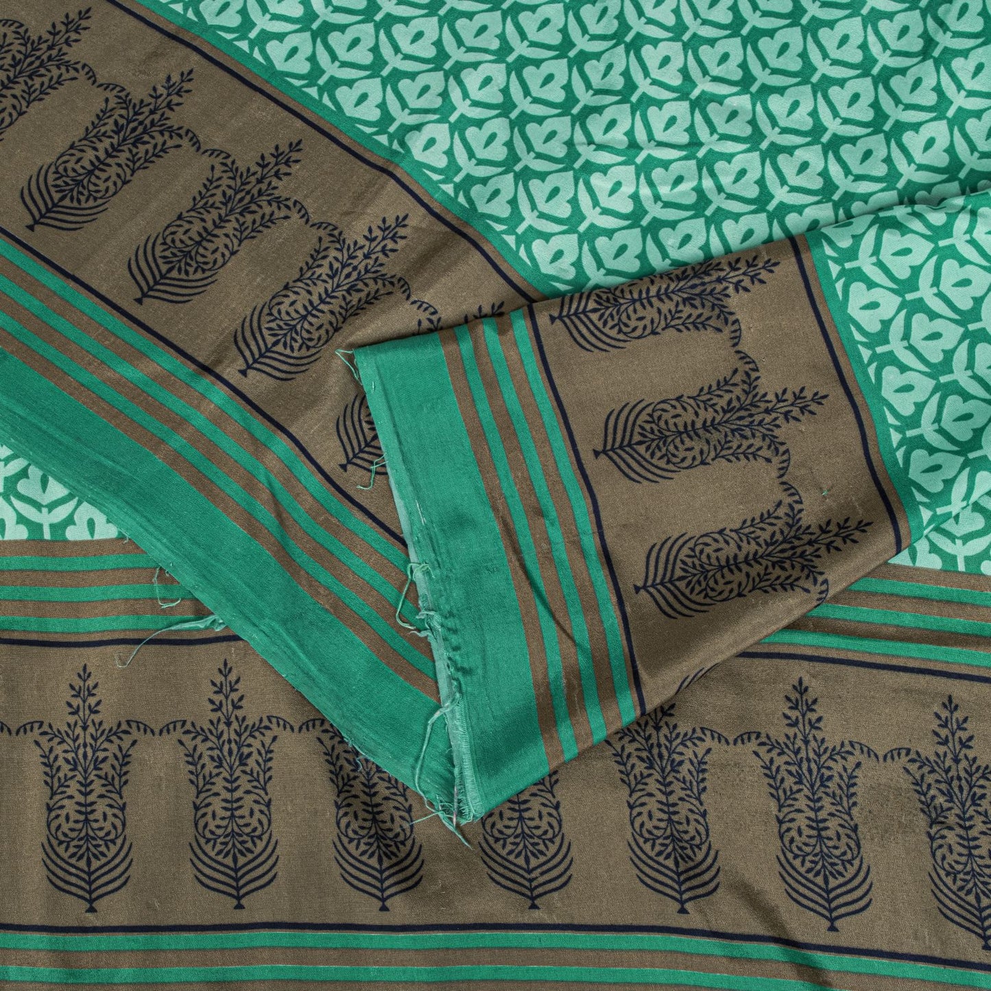Sanskriti Vintage Saree Green Moss Crepe Floral Block Printed Sari 5.5YD Fabric