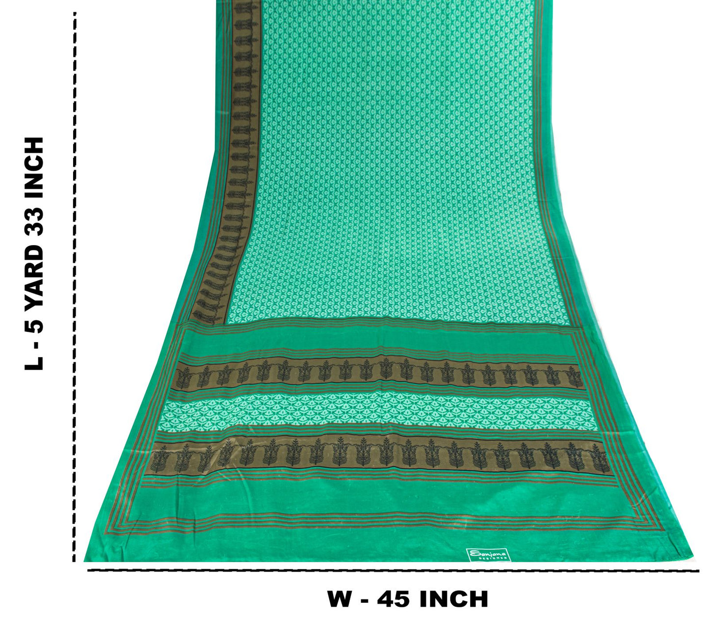 Sanskriti Vintage Saree Green Moss Crepe Floral Block Printed Sari 5.5YD Fabric