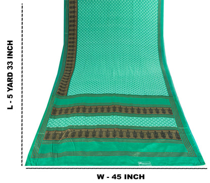 Sanskriti Vintage Saree Green Moss Crepe Floral Block Printed Sari 5.5YD Fabric