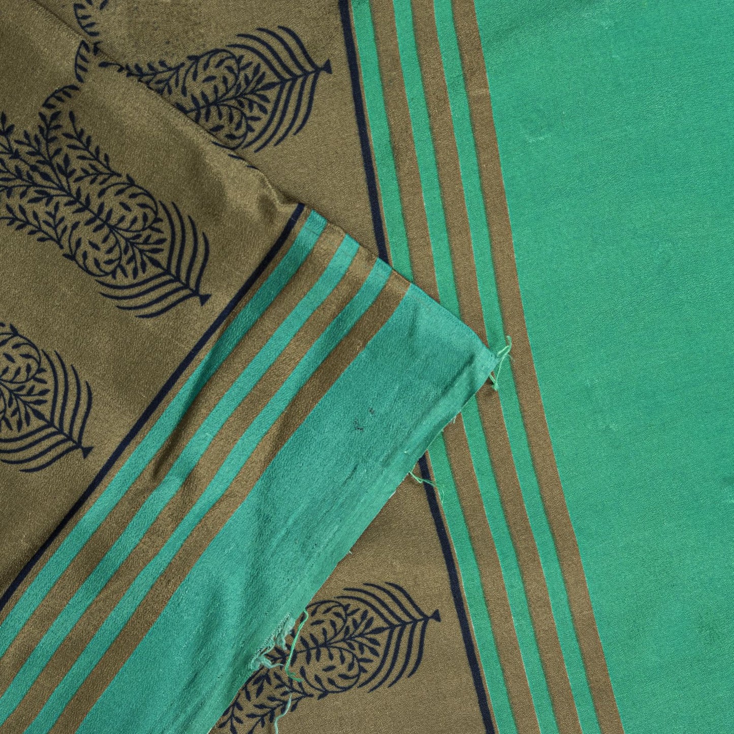 Sanskriti Vintage Saree Green Moss Crepe Floral Block Printed Sari 5.5YD Fabric