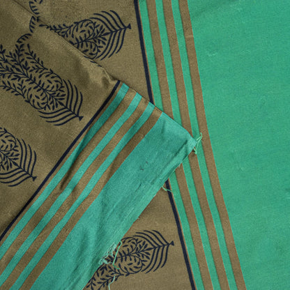 Sanskriti Vintage Saree Green Moss Crepe Floral Block Printed Sari 5.5YD Fabric