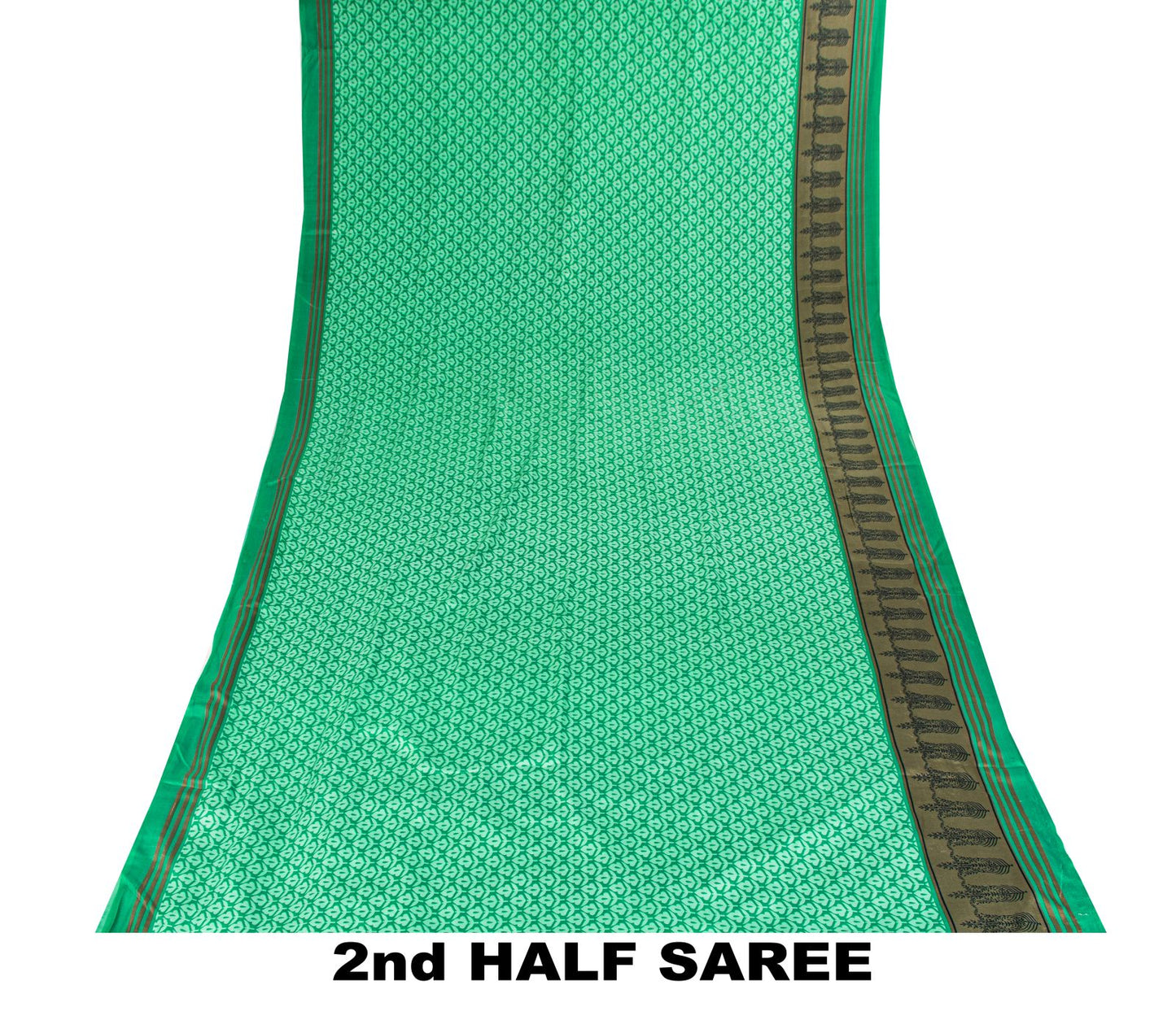 Sanskriti Vintage Saree Green Moss Crepe Floral Block Printed Sari 5.5YD Fabric