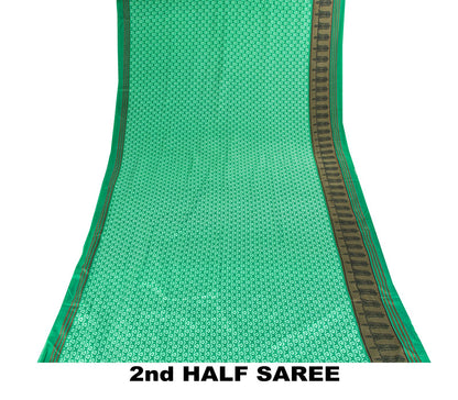 Sanskriti Vintage Saree Green Moss Crepe Floral Block Printed Sari 5.5YD Fabric