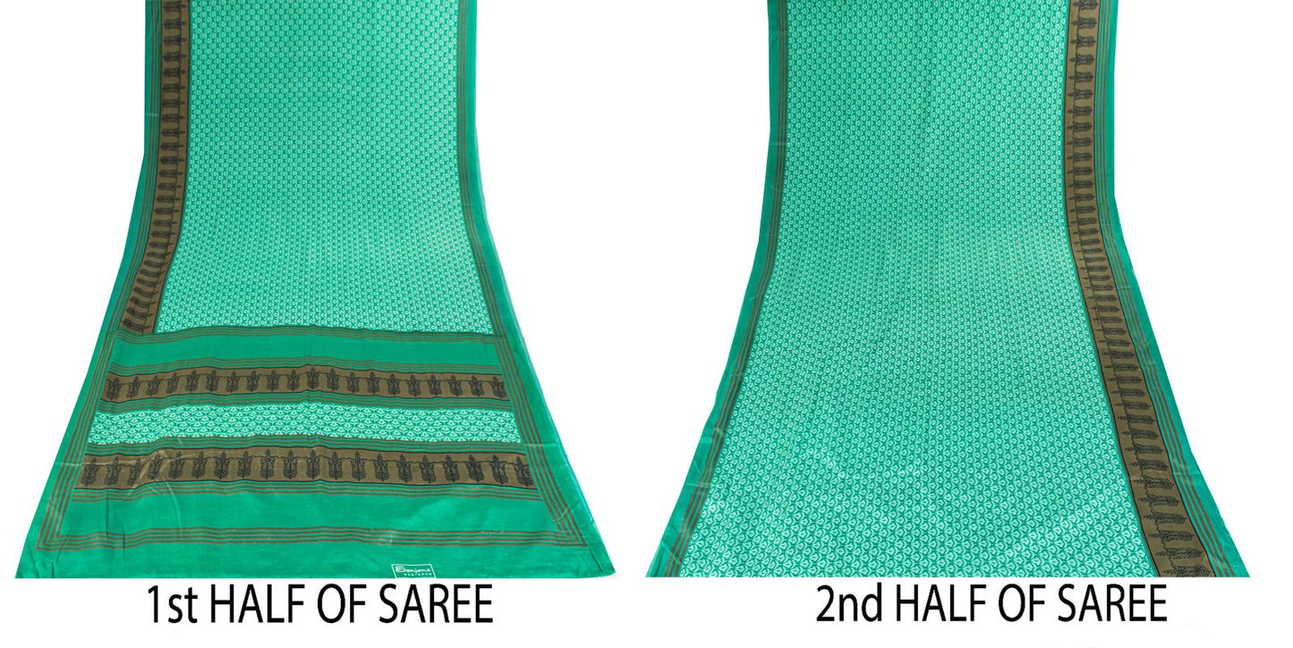 Sanskriti Vintage Saree Green Moss Crepe Floral Block Printed Sari 5.5YD Fabric