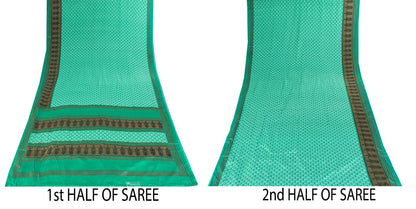 Sanskriti Vintage Saree Green Moss Crepe Floral Block Printed Sari 5.5YD Fabric
