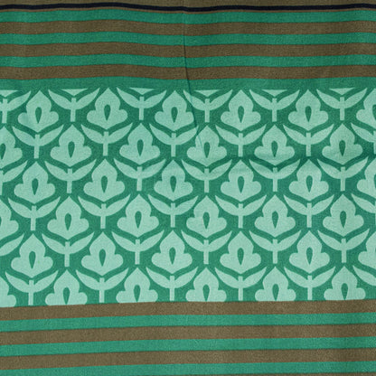 Sanskriti Vintage Saree Green Moss Crepe Floral Block Printed Sari 5.5YD Fabric
