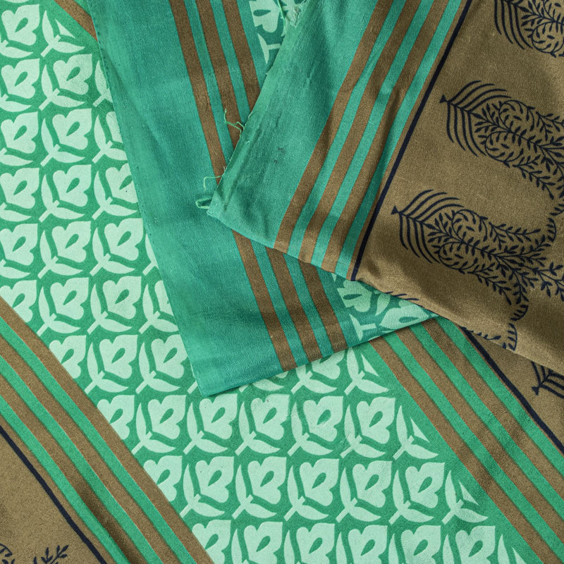 Sanskriti Vintage Saree Green Moss Crepe Floral Block Printed Sari 5.5YD Fabric