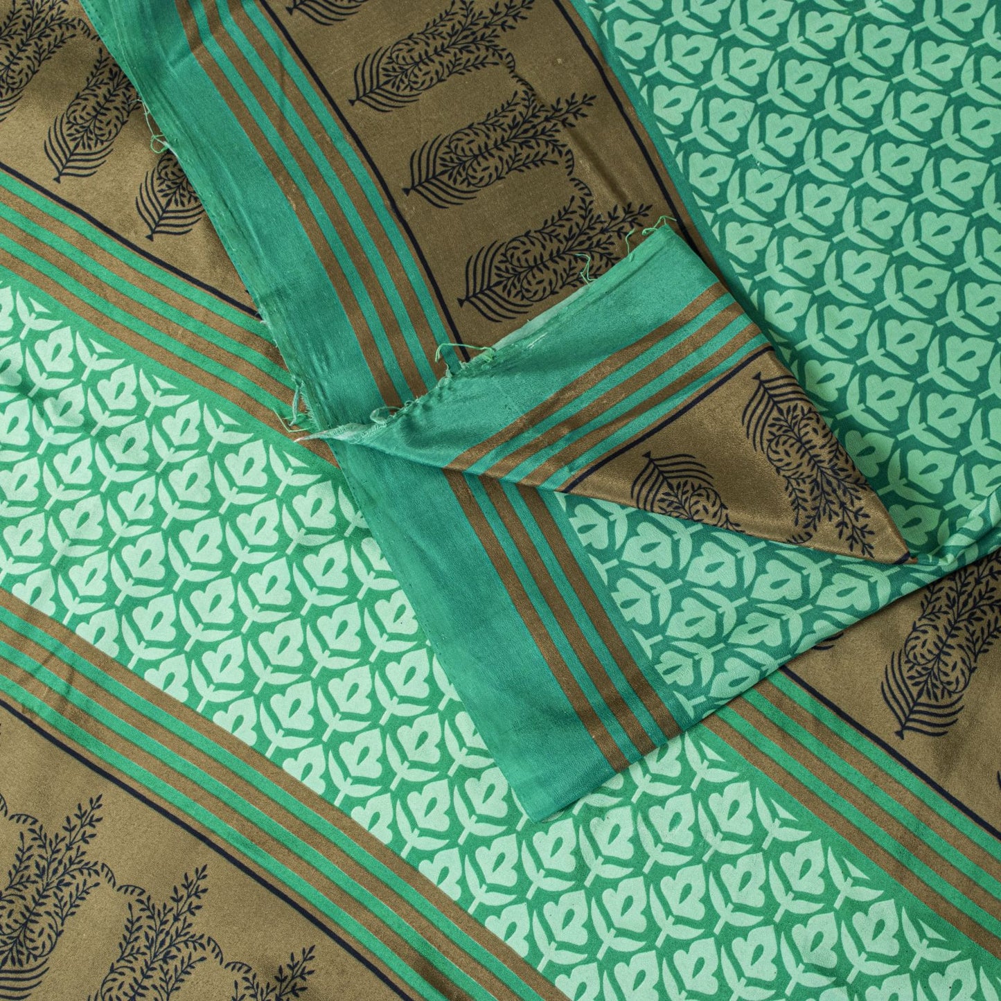 Sanskriti Vintage Saree Green Moss Crepe Floral Block Printed Sari 5.5YD Fabric