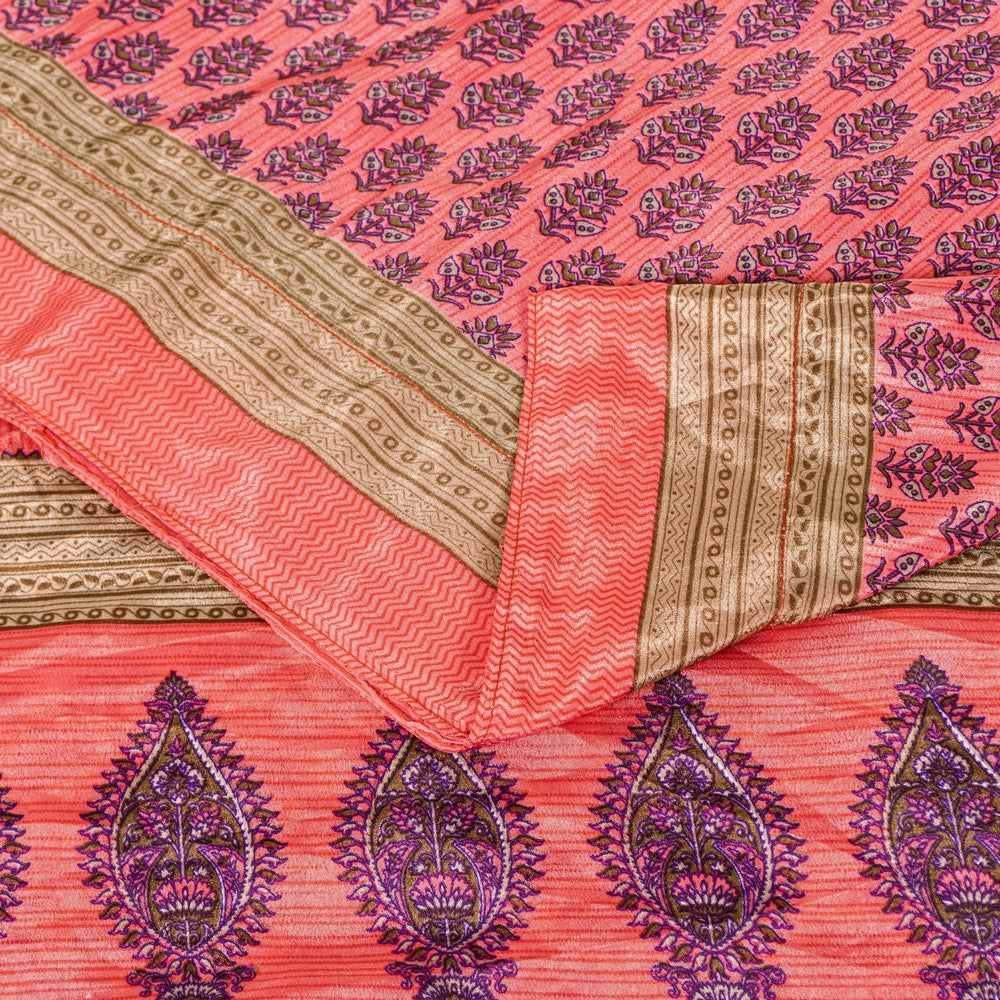 Sanskriti Vintage Saree Pink 5+Yd Moss Crepe Craft Saree Floral Block Printed Soft Sari Pre-Owned Indian Upcycled, Recycled, For Sewing