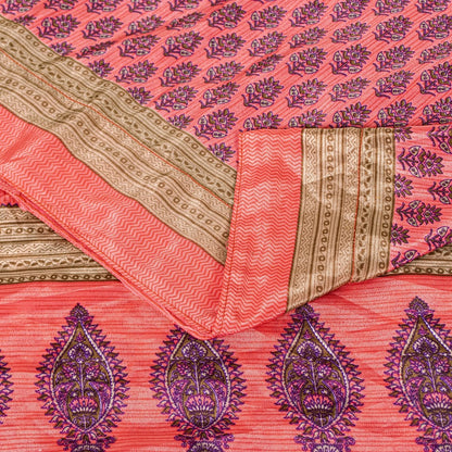 Sanskriti Vintage Saree Pink 5+Yd Moss Crepe Craft Saree Floral Block Printed Soft Sari Pre-Owned Indian Upcycled, Recycled, For Sewing