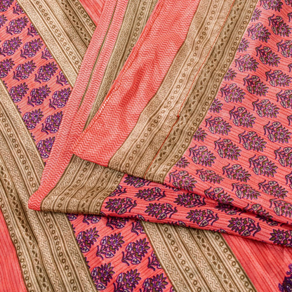 Sanskriti Vintage Saree Pink 5+Yd Moss Crepe Craft Saree Floral Block Printed Soft Sari Pre-Owned Indian Upcycled, Recycled, For Sewing