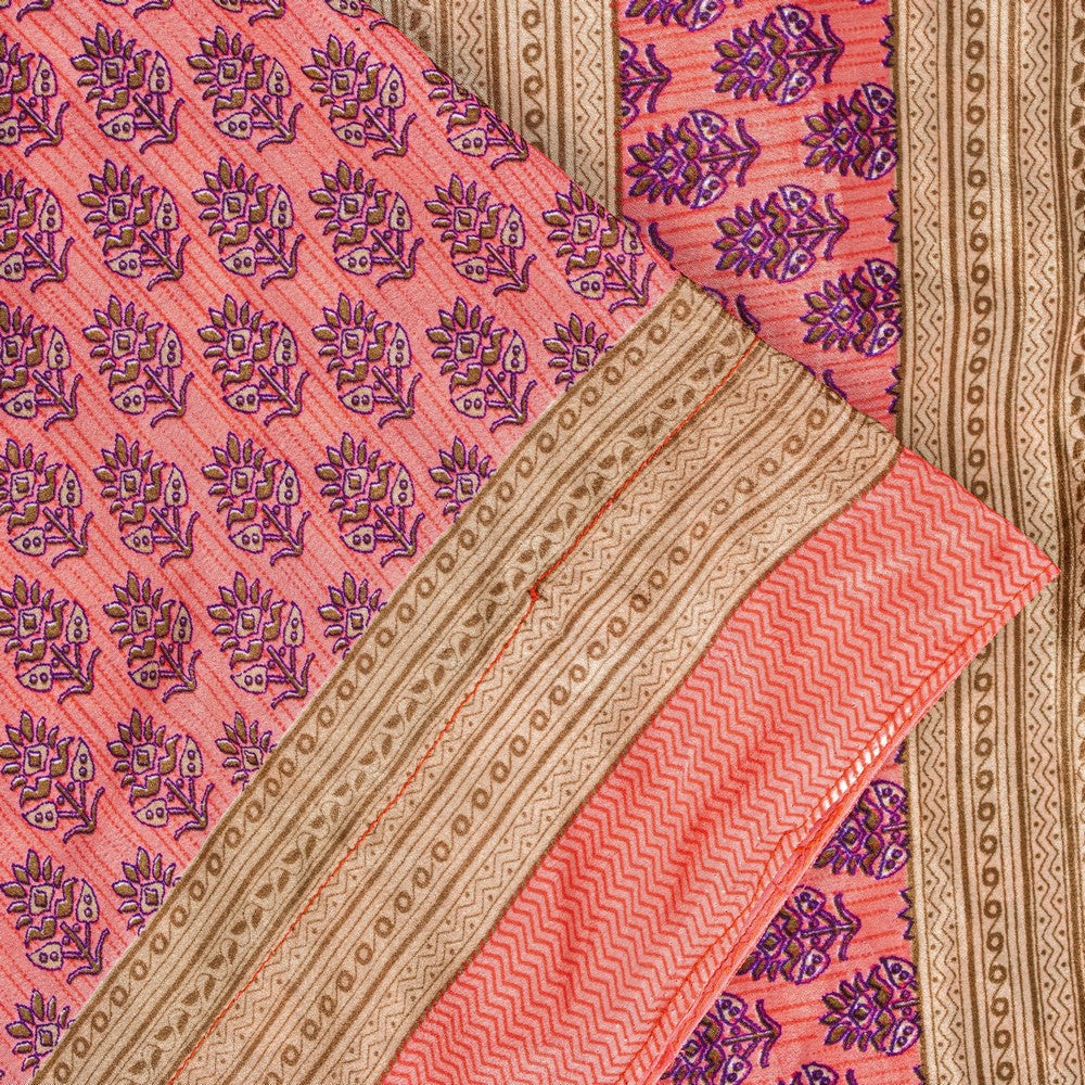 Sanskriti Vintage Saree Pink 5+Yd Moss Crepe Craft Saree Floral Block Printed Soft Sari Pre-Owned Indian Upcycled, Recycled, For Sewing