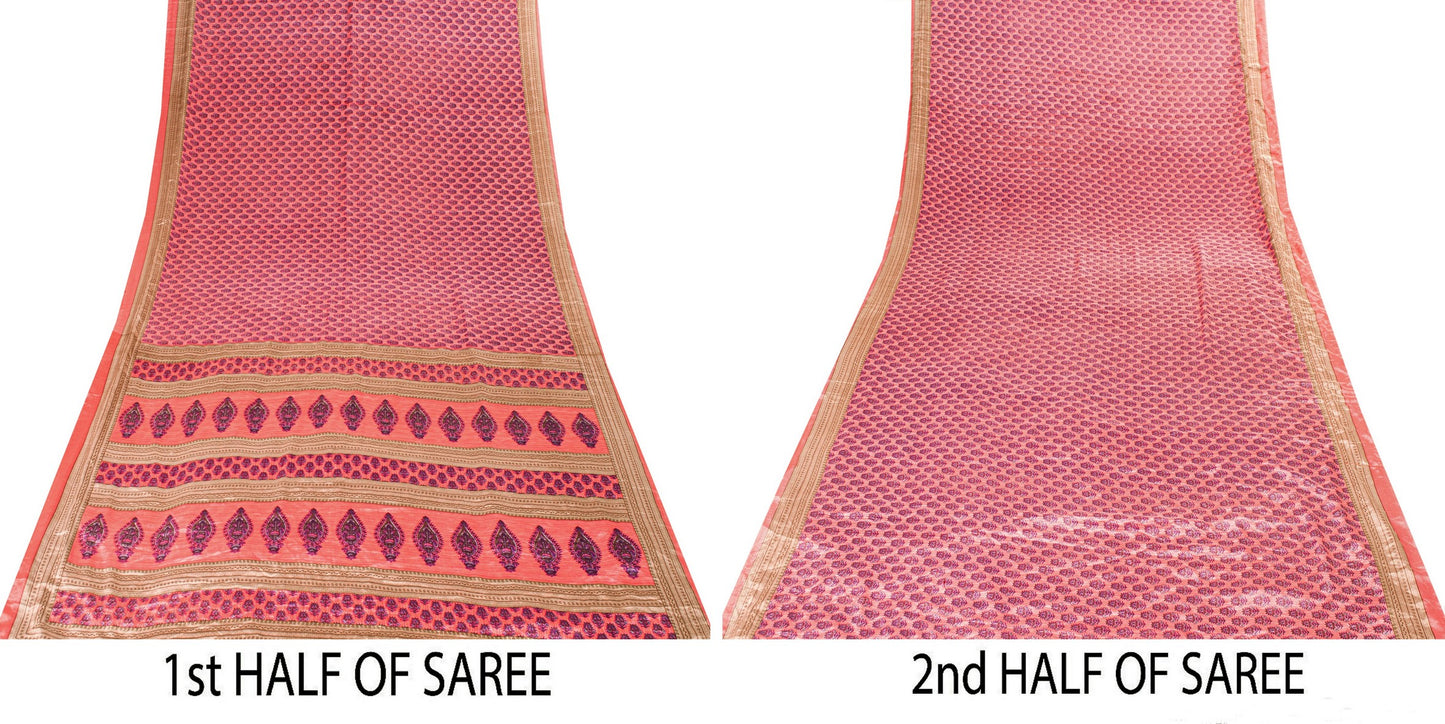Sanskriti Vintage Saree Pink 5+Yd Moss Crepe Craft Saree Floral Block Printed Soft Sari Pre-Owned Indian Upcycled, Recycled, For Sewing