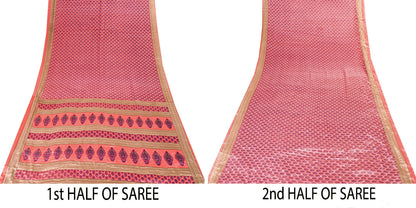 Sanskriti Vintage Saree Pink 5+Yd Moss Crepe Craft Saree Floral Block Printed Soft Sari Pre-Owned Indian Upcycled, Recycled, For Sewing