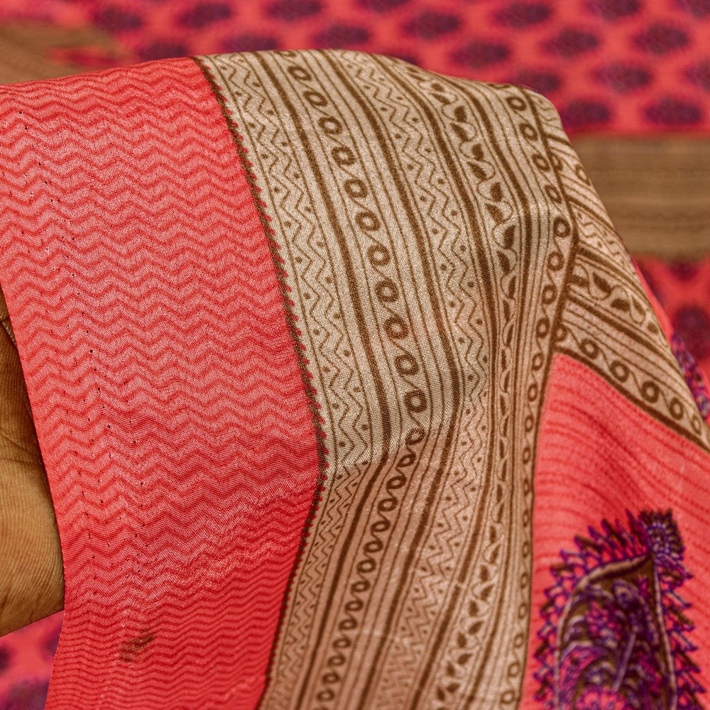 Sanskriti Vintage Saree Pink 5+Yd Moss Crepe Craft Saree Floral Block Printed Soft Sari Pre-Owned Indian Upcycled, Recycled, For Sewing
