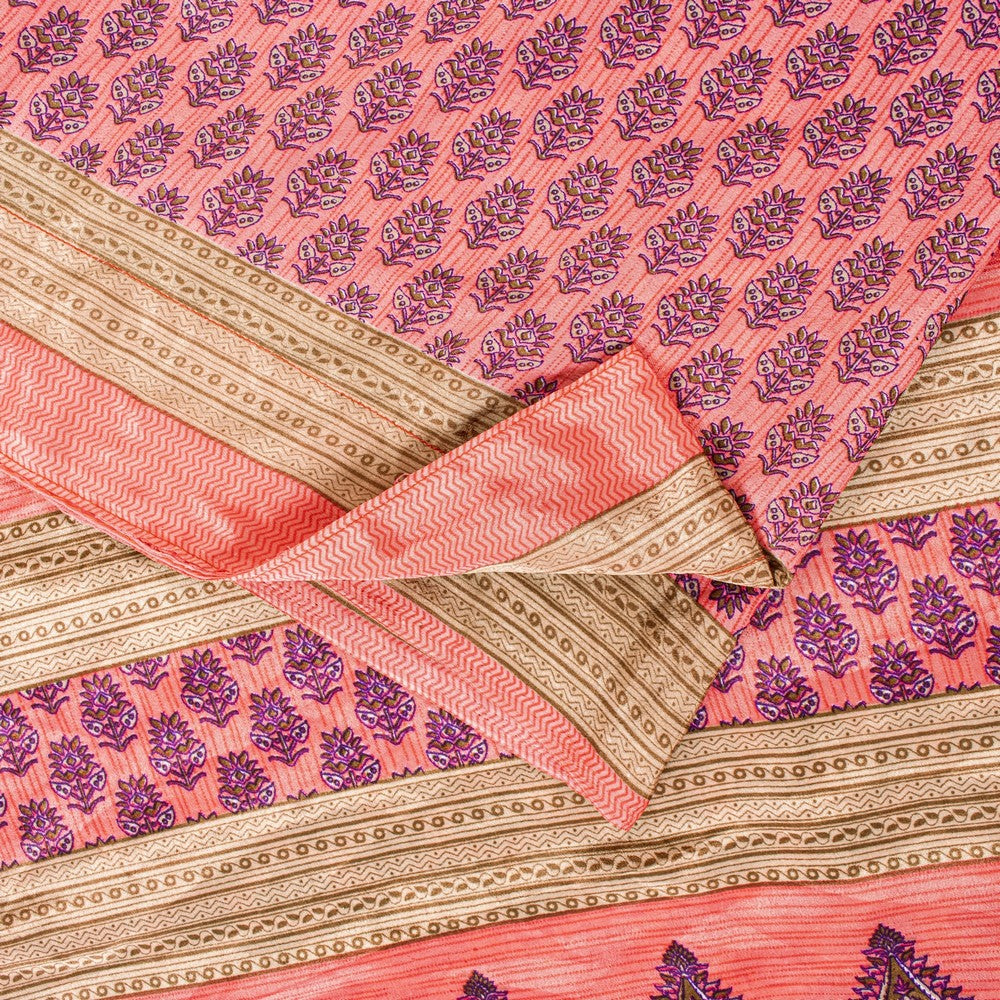 Sanskriti Vintage Saree Pink 5+Yd Moss Crepe Craft Saree Floral Block Printed Soft Sari Pre-Owned Indian Upcycled, Recycled, For Sewing