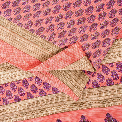 Sanskriti Vintage Saree Pink 5+Yd Moss Crepe Craft Saree Floral Block Printed Soft Sari Pre-Owned Indian Upcycled, Recycled, For Sewing