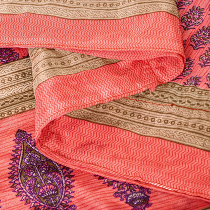 Sanskriti Vintage Saree Pink 5+Yd Moss Crepe Craft Saree Floral Block Printed Soft Sari Pre-Owned Indian Upcycled, Recycled, For Sewing