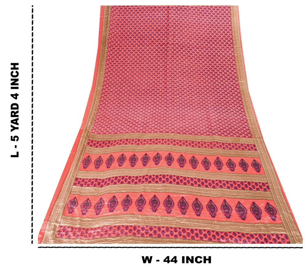 Sanskriti Vintage Saree Pink 5+Yd Moss Crepe Craft Saree Floral Block Printed Soft Sari Pre-Owned Indian Upcycled, Recycled, For Sewing