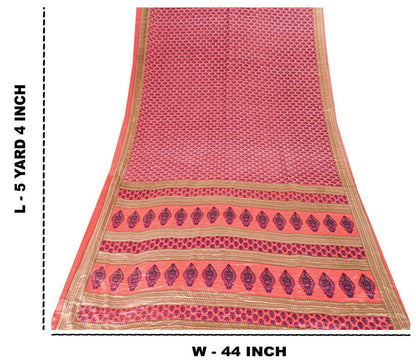 Sanskriti Vintage Saree Pink 5+Yd Moss Crepe Craft Saree Floral Block Printed Soft Sari Pre-Owned Indian Upcycled, Recycled, For Sewing