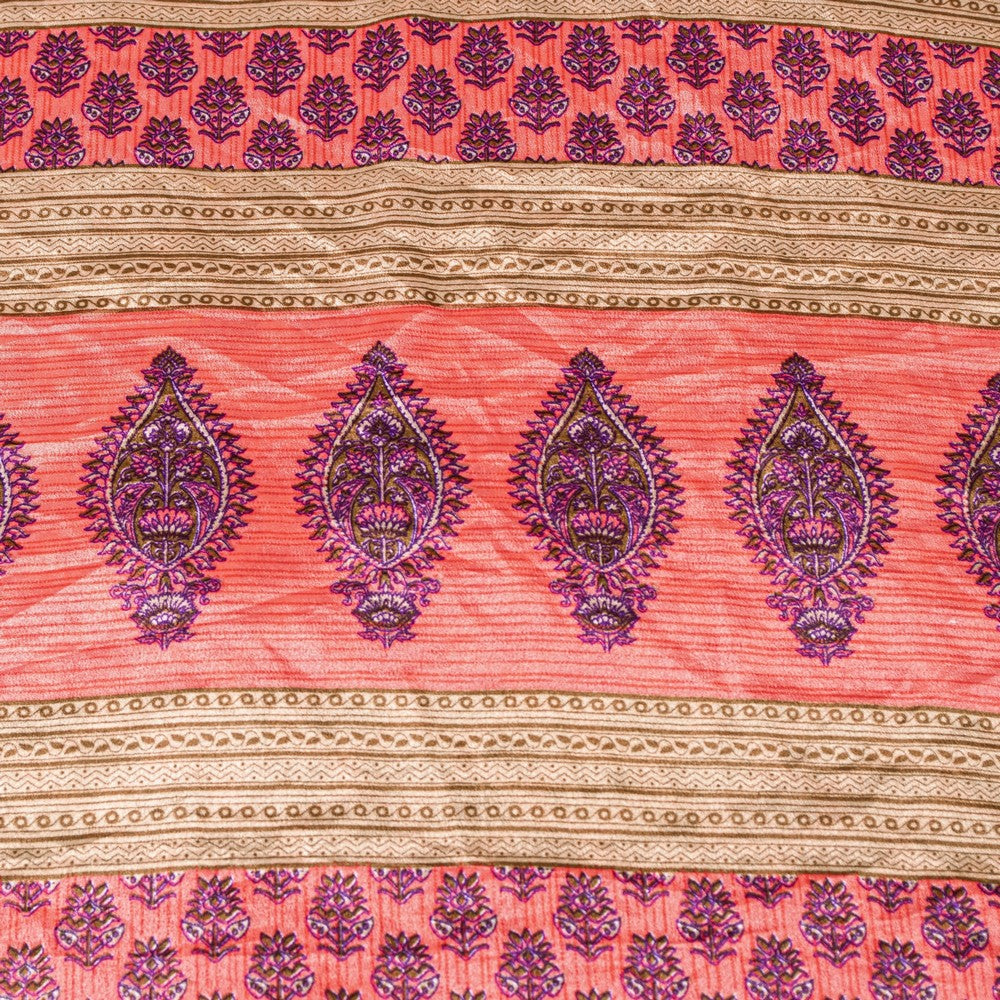Sanskriti Vintage Saree Pink 5+Yd Moss Crepe Craft Saree Floral Block Printed Soft Sari Pre-Owned Indian Upcycled, Recycled, For Sewing