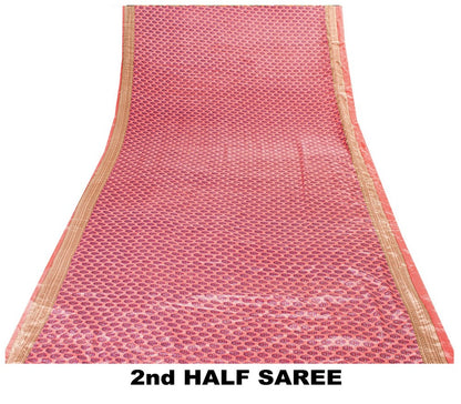 Sanskriti Vintage Saree Pink 5+Yd Moss Crepe Craft Saree Floral Block Printed Soft Sari Pre-Owned Indian Upcycled, Recycled, For Sewing