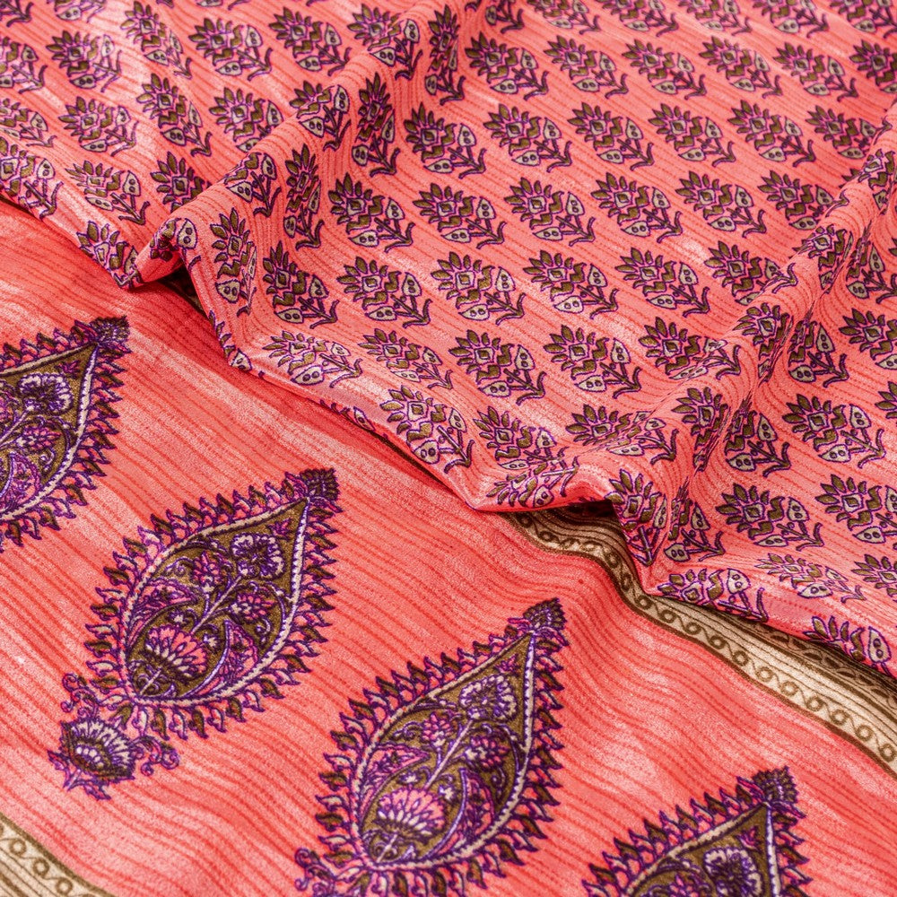 Sanskriti Vintage Saree Pink 5+Yd Moss Crepe Craft Saree Floral Block Printed Soft Sari Pre-Owned Indian Upcycled, Recycled, For Sewing