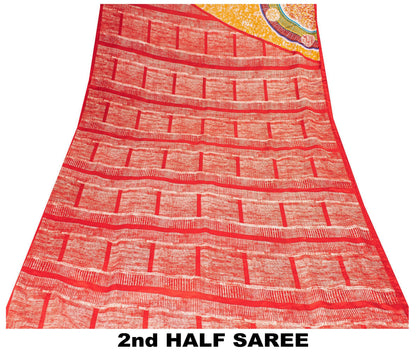 Sanskriti Vintage Sarees Craft Supplies Red Floral Print 5+YD Moss Crepe Sari