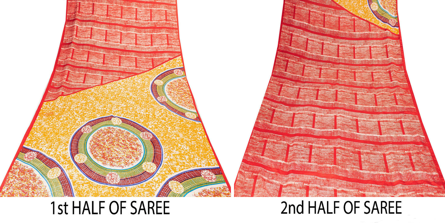 Sanskriti Vintage Sarees Craft Supplies Red Floral Print 5+YD Moss Crepe Sari