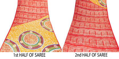 Sanskriti Vintage Sarees Craft Supplies Red Floral Print 5+YD Moss Crepe Sari