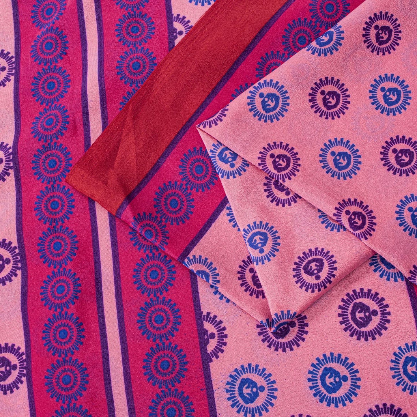 Sanskriti Vintage Saree Pink Moss Crepe Sun Radial Print Sari 5.5YD Craft Fabric