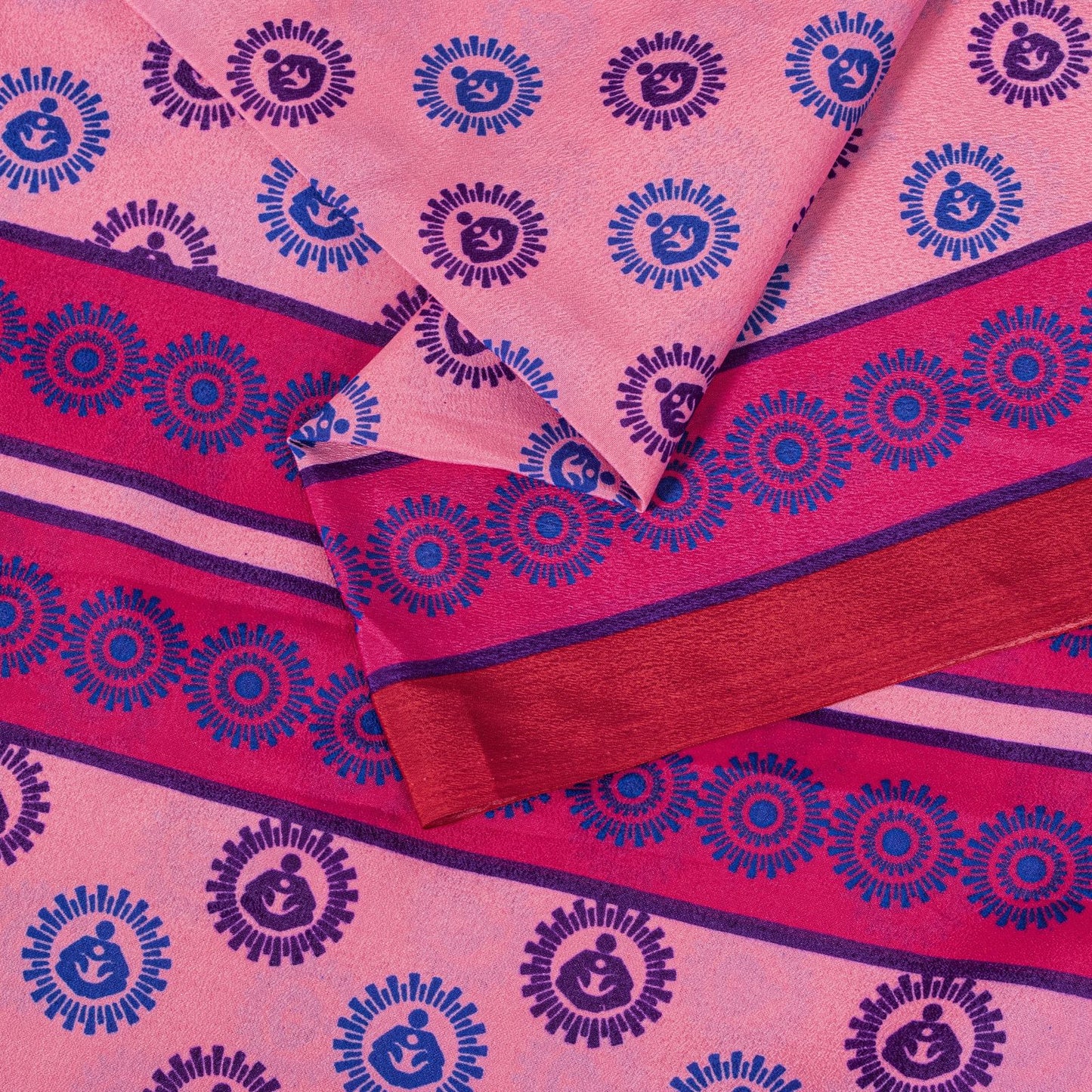 Sanskriti Vintage Saree Pink Moss Crepe Sun Radial Print Sari 5.5YD Craft Fabric