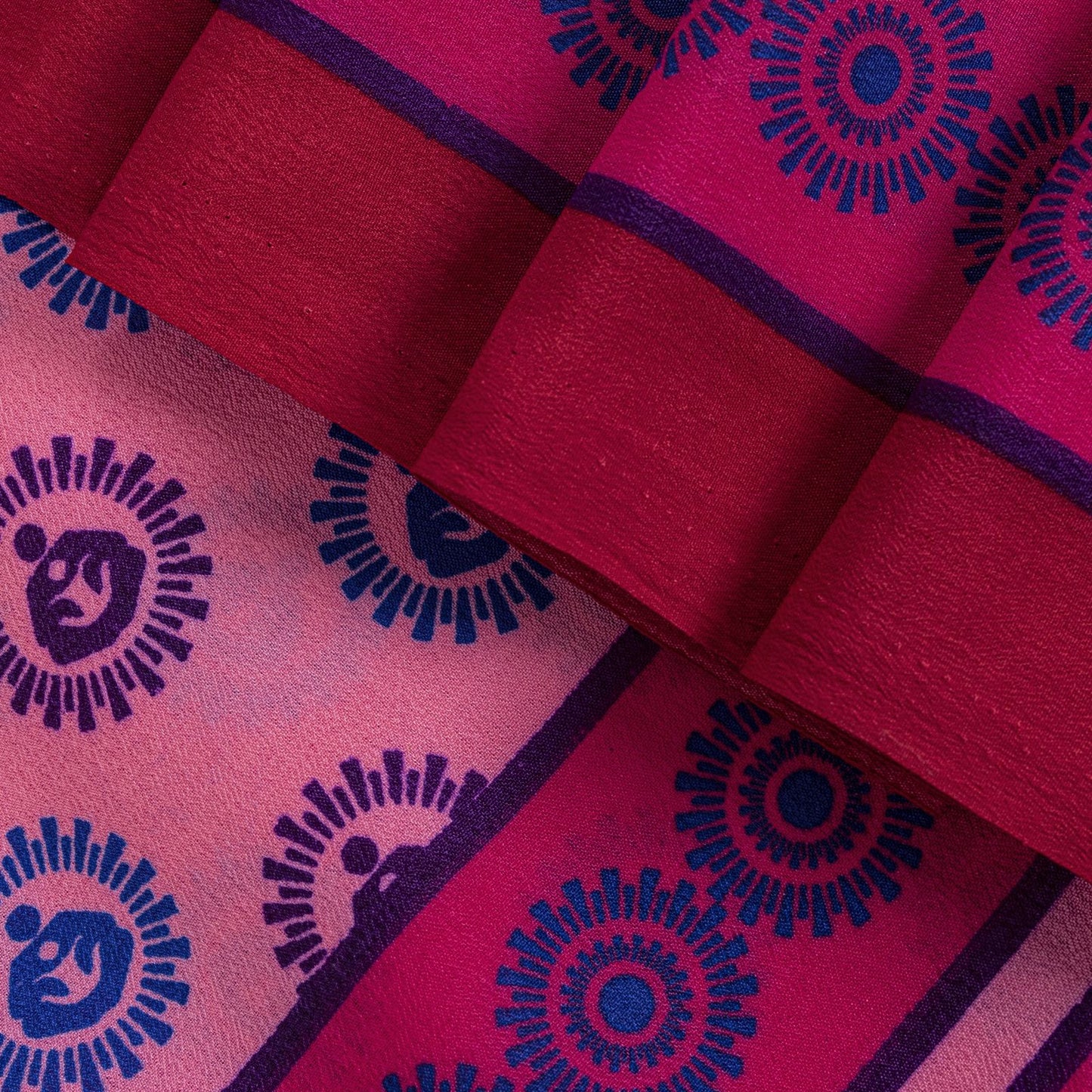Sanskriti Vintage Saree Pink Moss Crepe Sun Radial Print Sari 5.5YD Craft Fabric
