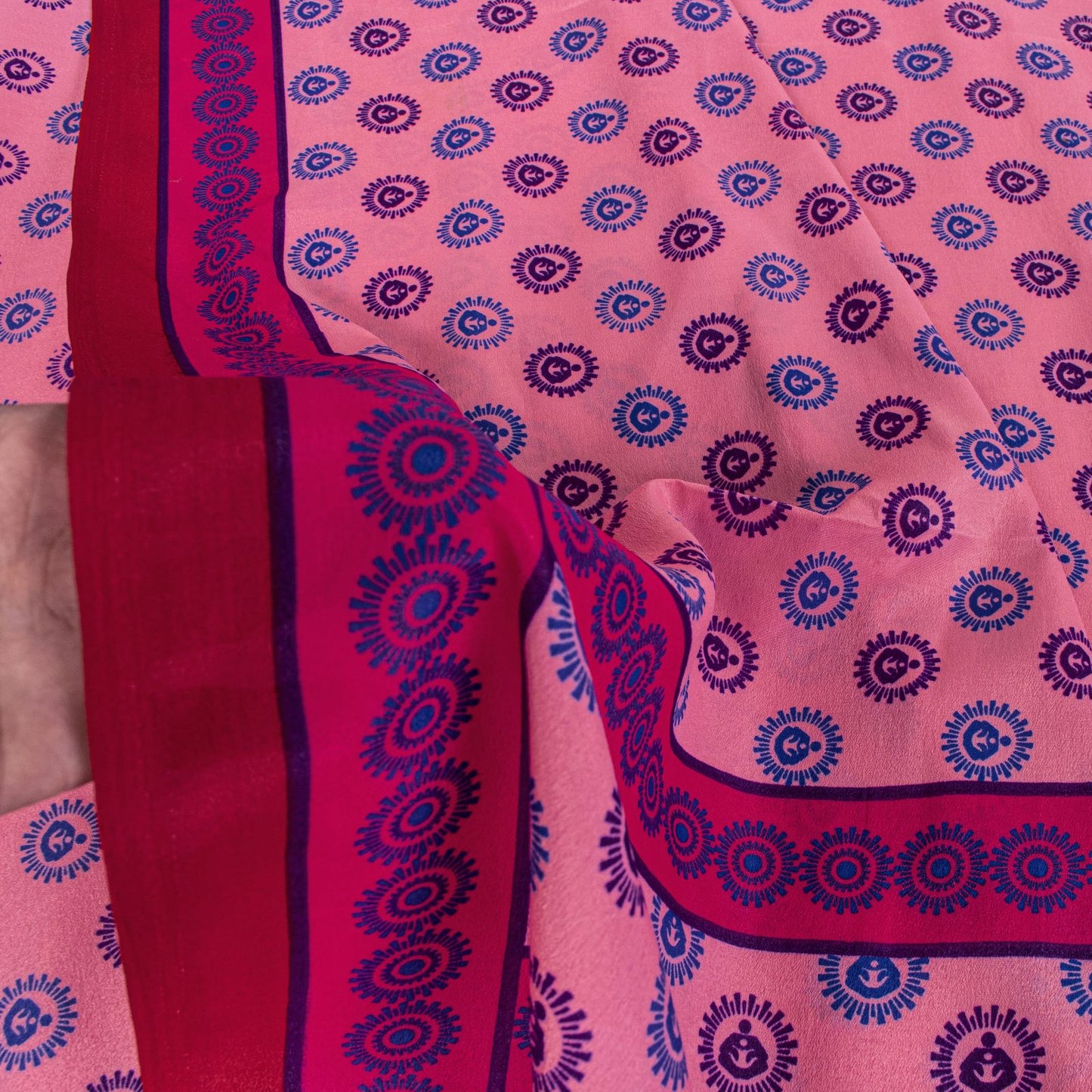Sanskriti Vintage Saree Pink Moss Crepe Sun Radial Print Sari 5.5YD Craft Fabric