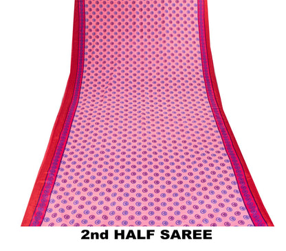 Sanskriti Vintage Saree Pink Moss Crepe Sun Radial Print Sari 5.5YD Craft Fabric