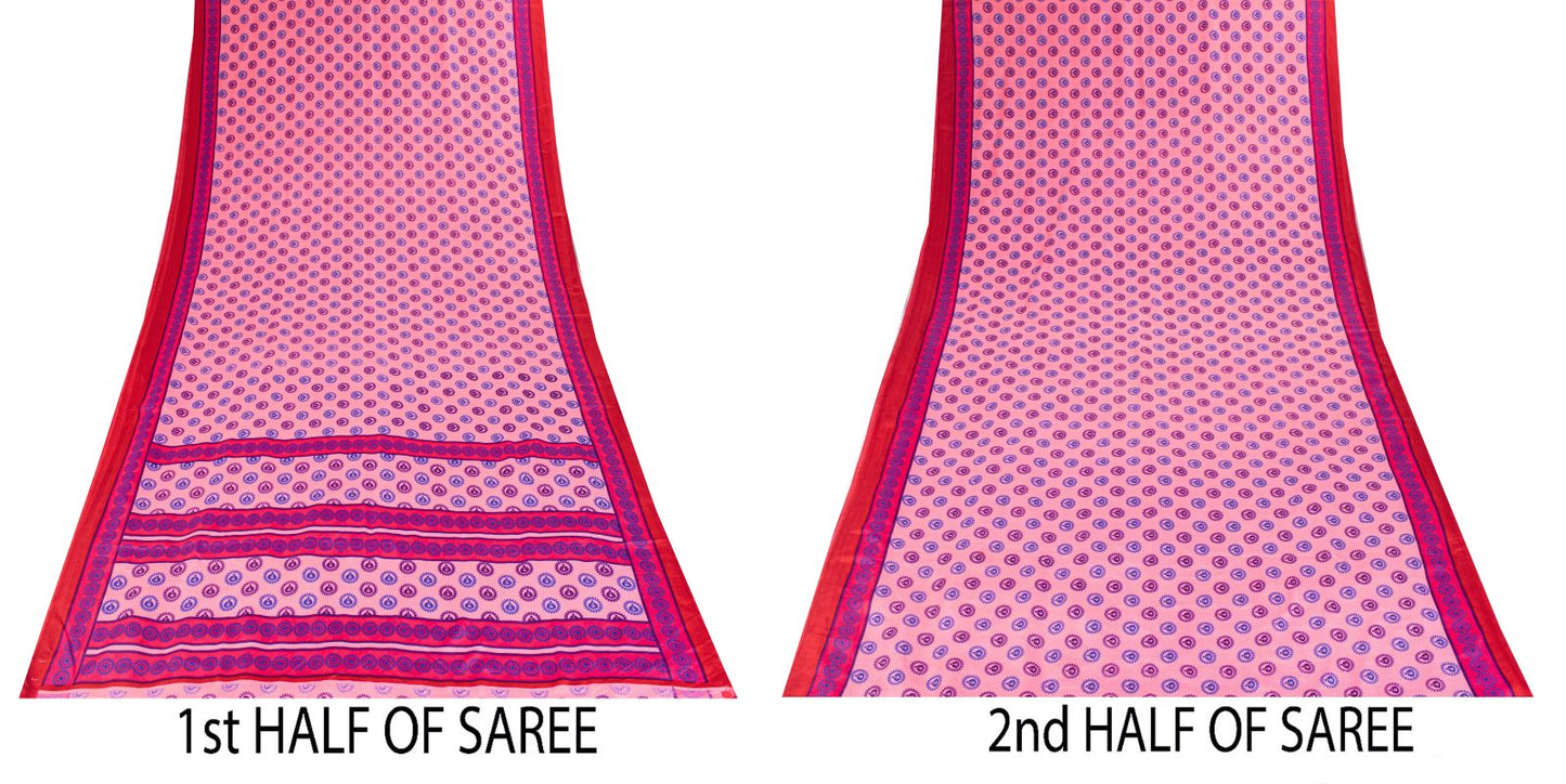 Sanskriti Vintage Saree Pink Moss Crepe Sun Radial Print Sari 5.5YD Craft Fabric