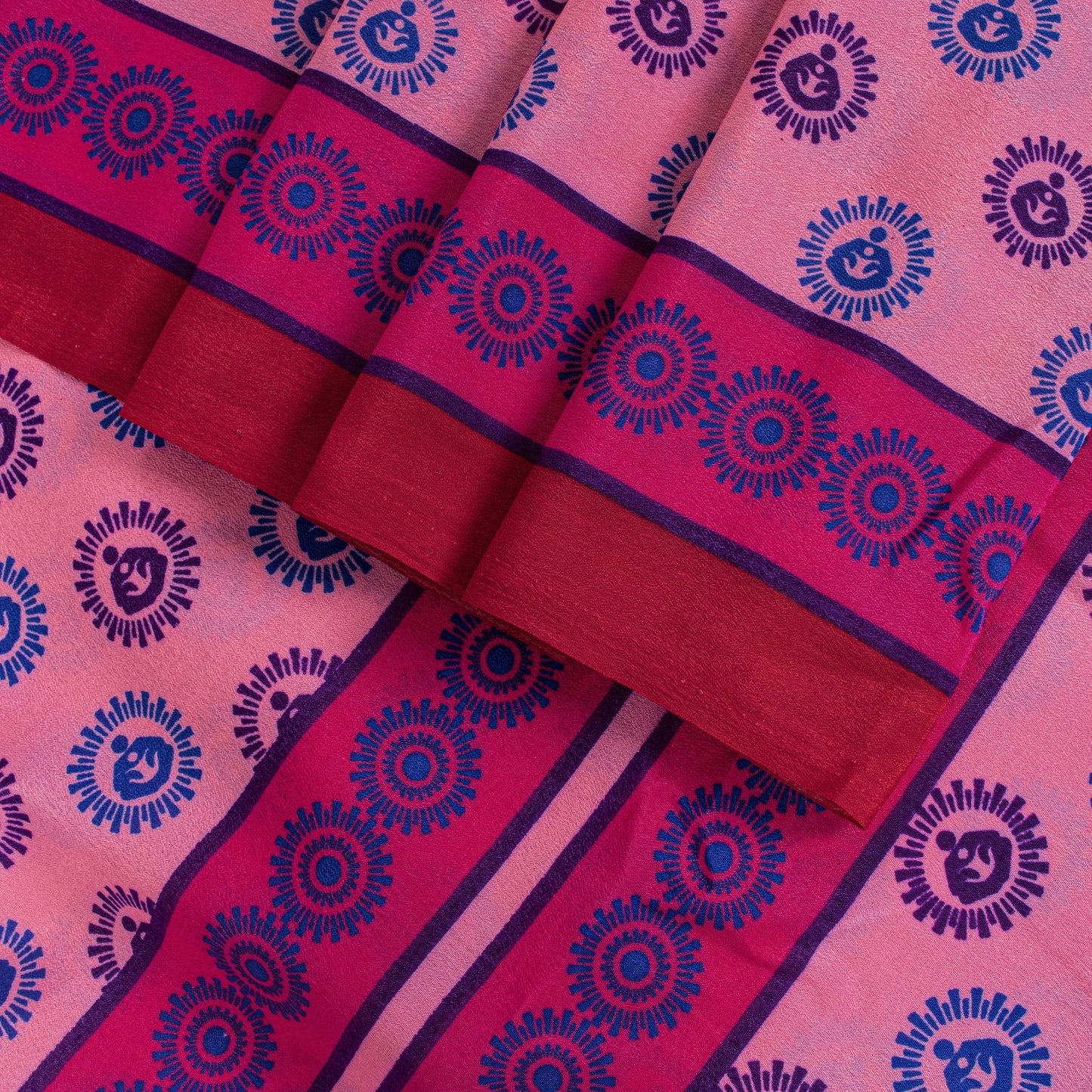 Sanskriti Vintage Saree Pink Moss Crepe Sun Radial Print Sari 5.5YD Craft Fabric