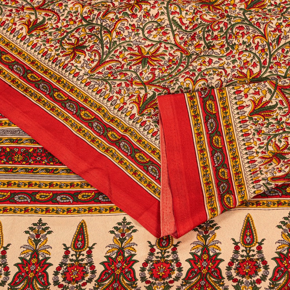 Sanskriti Vintage Sarees Craft Supplies Beige Floral Print 5+YD Moss Crepe Sari