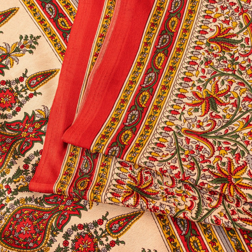 Sanskriti Vintage Sarees Craft Supplies Beige Floral Print 5+YD Moss Crepe Sari