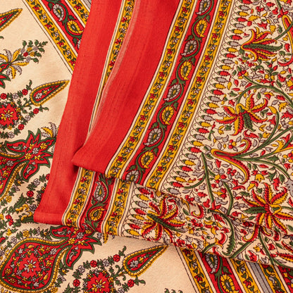 Sanskriti Vintage Sarees Craft Supplies Beige Floral Print 5+YD Moss Crepe Sari