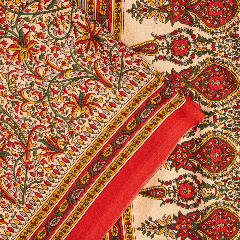 Sanskriti Vintage Sarees Craft Supplies Beige Floral Print 5+YD Moss Crepe Sari