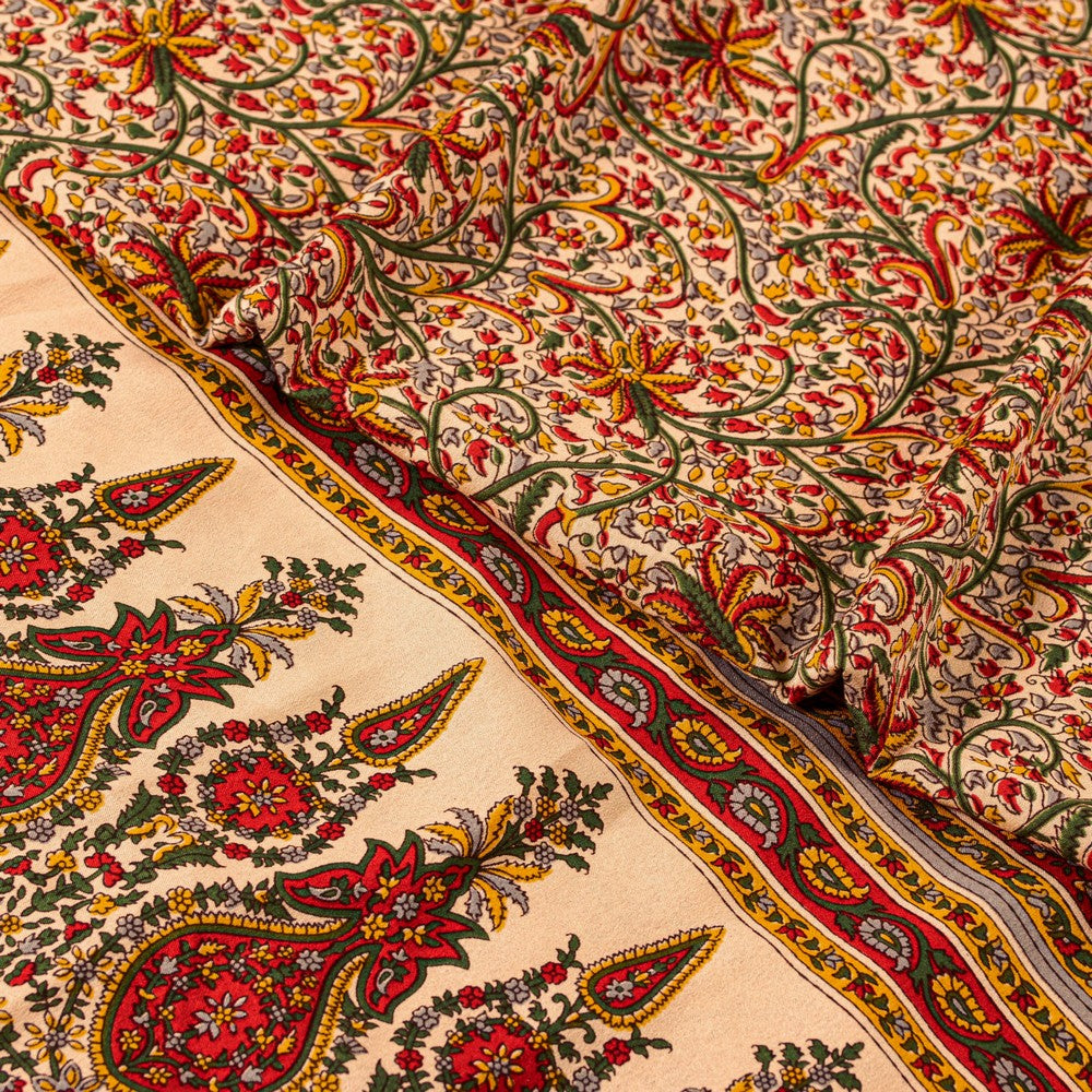 Sanskriti Vintage Sarees Craft Supplies Beige Floral Print 5+YD Moss Crepe Sari