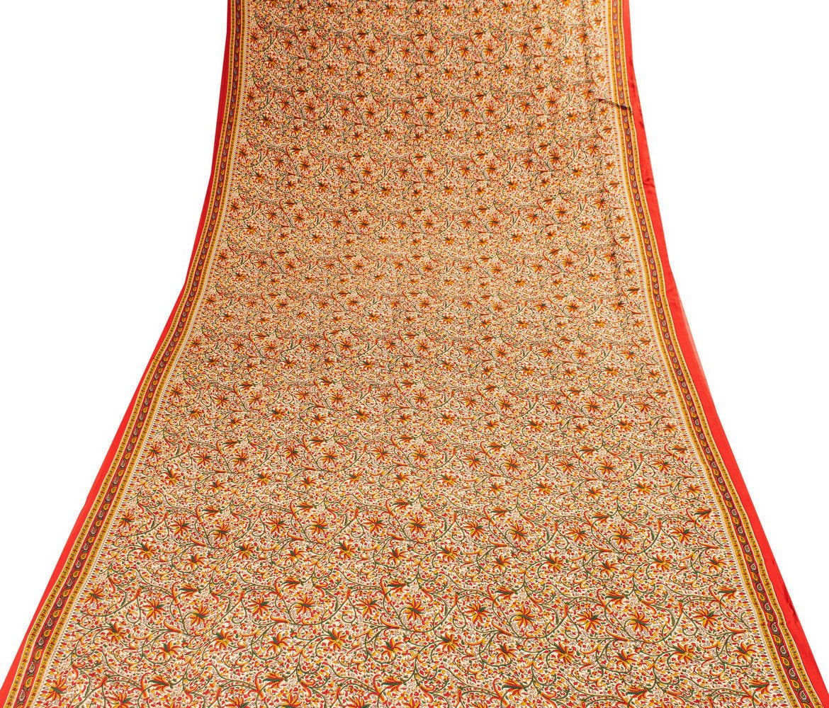 Sanskriti Vintage Sarees Craft Supplies Beige Floral Print 5+YD Moss Crepe Sari